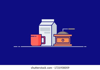 Breakfast with coffee and milk in flat line style. Design concept of vector illustration isolated on color background for website and mobile apps.