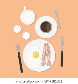 Breakfast: coffee, milk, fried egg and bacon. Vector illustration.