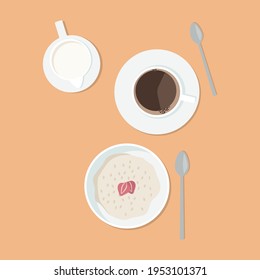 Breakfast: coffee, milk, oatmeal porridge with strawberries. Vector illustration.