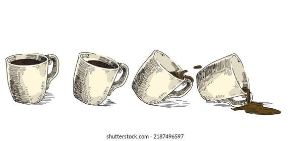 breakfast coffee mug in move dark beverage spill out mooving illustration traditional delicious food isolated on white background