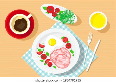 Breakfast with coffee, orange juice, fried eggs, sausage wurst, and salad basil, tomatoes. Vector illustration.