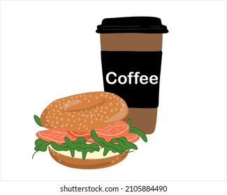 
Breakfast coffee in paper cup and bagel sandwich with cream cheese, salmon and arugula isolated on white background. Flat vector illustration 