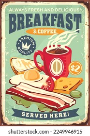 Publicidad de menú de desayuno y café retro con deliciosa comida y bebida caliente. Bar cafetería con signo retro con tocino y huevos, queso, tomate y taza de café. Ilustración vectorial de alimentos.