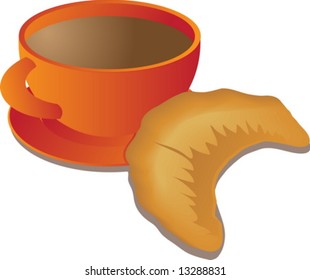 Breakfast of coffee in round mug and croissant