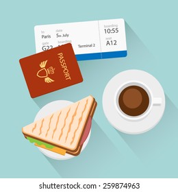 Breakfast with coffee and sandwich at airport vector