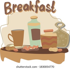 Breakfast. Coffee. Sandwich. Peanut butter. Milk. Vector image for printing, textiles, interior, tableware.