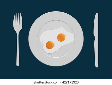 breakfast coffee sauasges egg on white plate with knife and fork