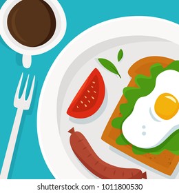 Breakfast with coffee, sausages, tomatoes, eggs and sandwich with bread. 