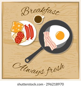 Breakfast coffee scrambled eggs bacon and sandwich with always fresh text flat color concept vector illustration 