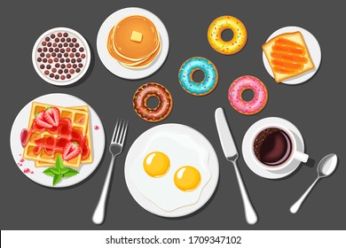 Breakfast.  Coffee, scrambled eggs, milk with chocolate cereal balls, strawberry waffles, toast with jam, pancakes and  donuts. vector illustration