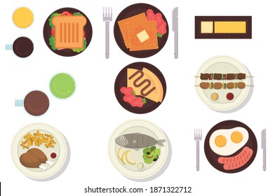 Breakfast. Coffee, scrambled eggs, milk with chocolate cereal balls, strawberry waffles, toast with jam, pancakes vector illustration isolated on white background