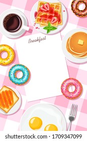 Breakfast.  Coffee, scrambled eggs, strawberry waffles, toast with jam, pancakes and  donuts. Place for text. vector illustration