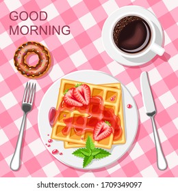 Breakfast.  Coffee,  Strawberry Waffles And  Donut. Vector Illustration