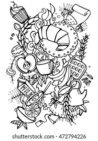 Breakfast. Coffee and tea doodle background in vector.Pattern can be used for menu, wallpaper, pattern fills, coloring books and pages for kids and adults. Black and white