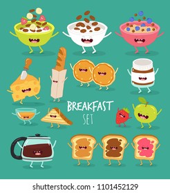 Breakfast, coffee, tea, pancakes, cheese, jam toast, corn flakes, porridge, pancakes, peanut butter, baguette, bread, fruit, honey, apple, friends forever. Use for cards, fridge magnets, stickers.