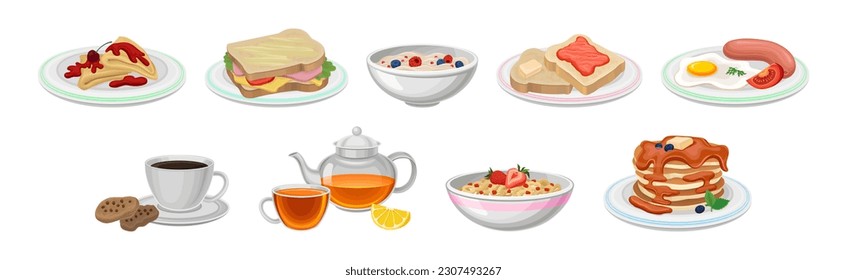 Breakfast with Coffee, Tea, Pancakes and Sandwich Vector Set