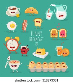 Breakfast, coffee time, tea, milk, toast, orange, eggs, batter, croissant, batter.  Comic characters. Vector illustrations. Use in the menu, in the shop, in the bar, the card or stickers.