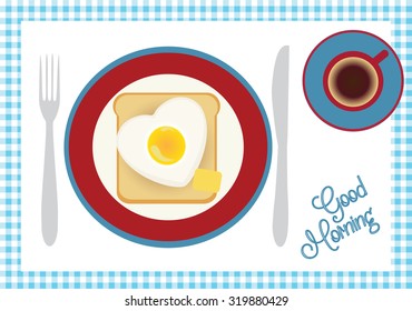 Breakfast with coffee, toast, egg and butter. Good morning vector.