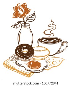 Breakfast, coffee toast, egg and donut. Filigree artwork.