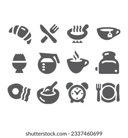 Breakfast and coffee vector icon set. Cereal bowl, eggs and bacon and tea morning icons.