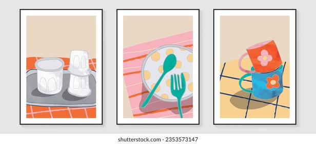 Conjunto vectorial de arte de la pared del desayuno y el café. Diseño de doodle dibujado a mano con cereales, vidrio de café. Ilustración para impresión, papel pintado, cubierta, decoración de imagen de restaurante, interior de cafetería.