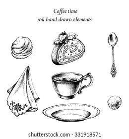 Breakfast collection with Cup of coffee, spoon, plate, chocolate candy and pastry. Hand drawn vector illustration.