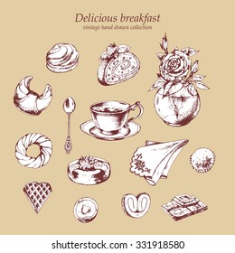 Breakfast collection with Cup of coffee, spoon, plate, chocolate, waffle, candy, cake, donut, rose in vase and pastry. Hand drawn vector illustration.
