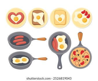 Breakfast Collection. Fried Eggs, Sandwiches, Sausages Vector Flat Set.