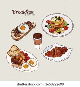 Breakfast collection, hand draw sketch vector.