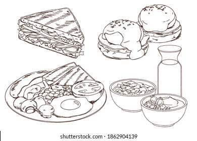 Desayuno Colección, doodle dibujado a mano, sándwich, huevos benediczados, desayuno inglés completo, cereales