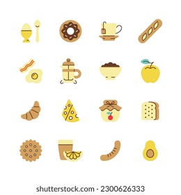 Breakfast color icon set. Vector collection symbol with egg, donut, apple, croissant, avocado, tea cup, toast, coffee. Food illustration.