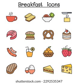 Conjunto de iconos de la línea de color del desayuno