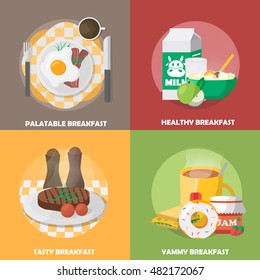 Breakfast colorful compositions with palatable eggs dish healthy nutrition tasty meal tea and sweets isolated vector illustration