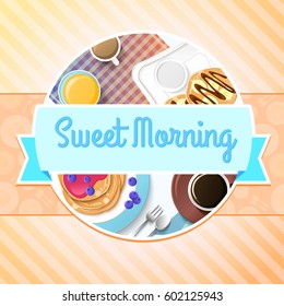 Breakfast colorful template with pancakes dessert honey and cup of coffee on light striped background vector illustration