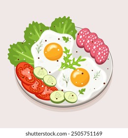 Composición de desayuno con huevos, salchichas, tomates y pepino Ilustración vectorial plana aislada sobre fondo blanco
