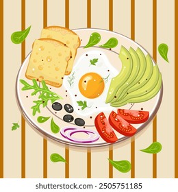 Breakfast composition with toast, eggs, olives, tomatoes and avocado. Flat vector illustration isolated on white background