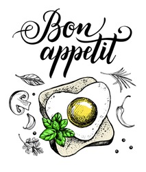 Breakfast Composition. Toast With Fried Egg And Basil. Food Elements. Vector Ink Hand Drawn Illustration. Menu, Signboard Template With Modern Brush Calligraphy Style Lettering.