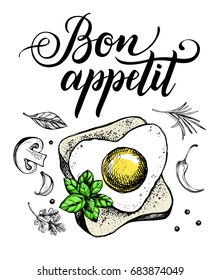 Breakfast composition. Toast with fried egg and basil. Food elements. Vector ink hand drawn illustration. Menu, signboard template with modern brush calligraphy style lettering.