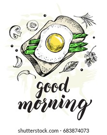 Breakfast composition. Toast with fried egg and asparagus. Food elements. Vector ink hand drawn illustration. Menu, signboard template with modern brush calligraphy style lettering.