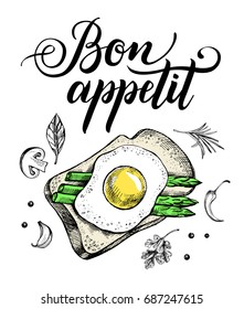 Breakfast composition. Toast with fried egg and asparagus. Food elements. Vector ink hand drawn illustration. Menu, signboard template with modern brush calligraphy style lettering.