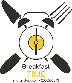 Breakfast concept, alarm clock in the form of scrambled eggs with a knife and fork. Vector, cartoon illustration. Vector.