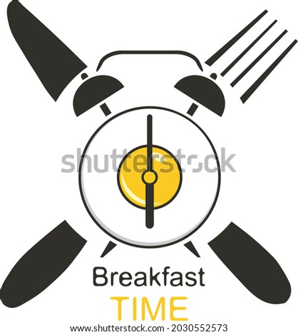 Breakfast concept, alarm clock in the form of scrambled eggs with a knife and fork. Vector, cartoon illustration. Vector.