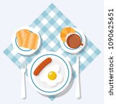 Breakfast concept. Appetizing delicious breakfast of coffee, fried egg with sausage, croissant and slices of toasted bread. Vector illustration flat design. Isolated on background checkered tablecloth
