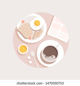 Breakfast concept. Appetizing delicious breakfast of coffee, fried egg and slices of toasted bread. Vector illustration flat design.