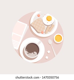 Breakfast concept. Appetizing delicious breakfast of coffee, fried egg and slices of toasted bread. Vector illustration flat design.
