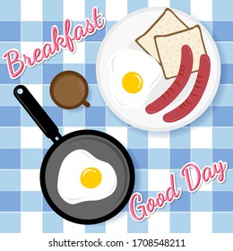 Breakfast concept. Appetizing delicious breakfast of coffee, fried egg with sausage and slices of bread. Vector illustration design on blue background checkered tablecloth.