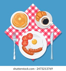 Breakfast concept. Appetizing delicious breakfast of coffee, fried egg with sausage, croissant and pancakes . Vector illustration in flat style