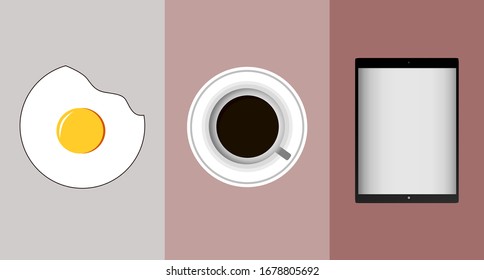 El concepto del desayuno. Apetitoso delicioso desayuno de huevo frito, café, toallita, con fondo pastel en color
