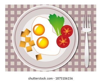 Concepto de desayuno - Apetitoso desayuno de huevo frito con ensalada y una rebanada de tomate, rebanadas de pan en un plato con tenedor - Ilustración de diseño plana vectorial en un fondo de manteles a cuadros