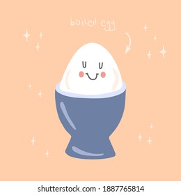 Breakfast concept with boiled egg in a cup. Cute funny character. Vector illustration.